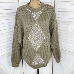 J.J. Cochran‎ Vintage Diamond Print Chunky Knit Sweater Taupe Green White Medium